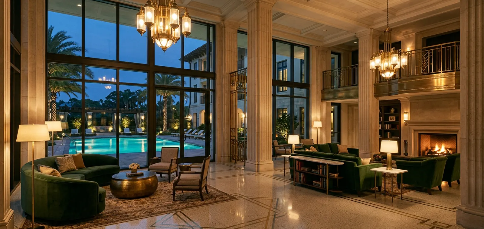 Double-height clubhouse lounge with stone columns, velvet seating and a lit pool deck beyond