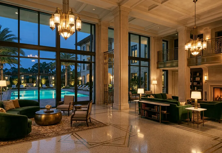 Double-height clubhouse lounge with stone columns and brass detailing