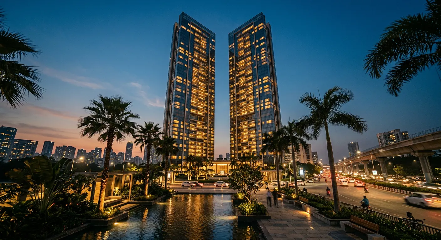 The twin residential towers of Godrej Epoque lit at dusk above Neopolis, Kokapet