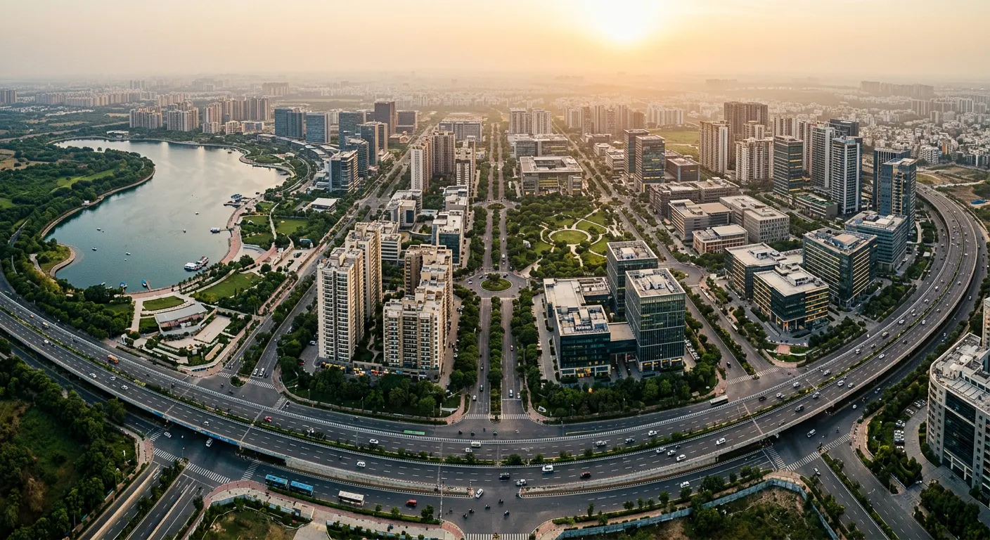Aerial view of the Neopolis district in Kokapet at golden hour, with boulevards, high-rises and the ring road