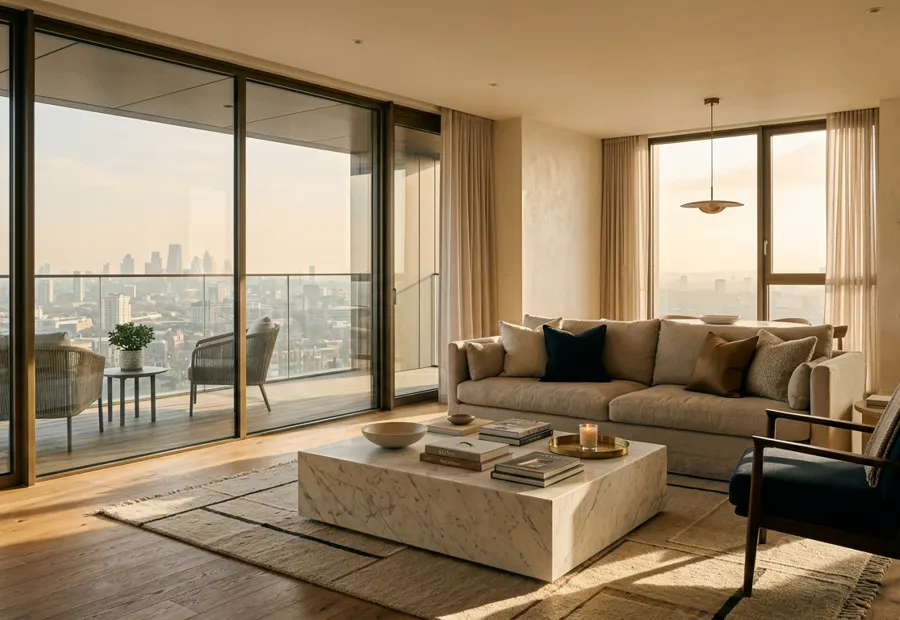 Living room of a high-floor apartment with full-height glazing and a city view