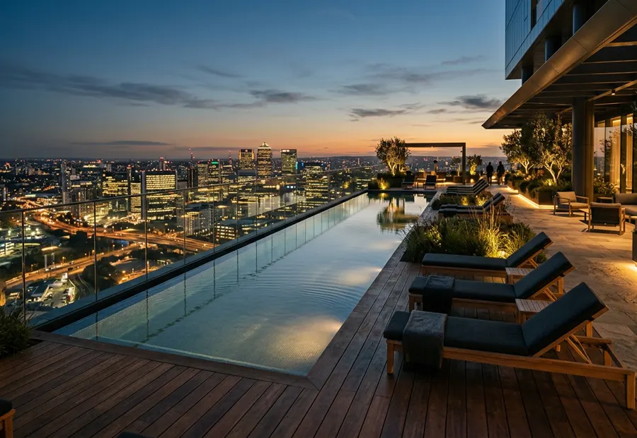 Rooftop sky deck with an infinity pool lit at twilight